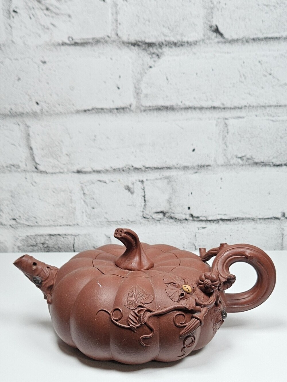 Vintage Pumpkin Clay Teapot Yixing Style Autumn Harvest Vine Ladybug Decor